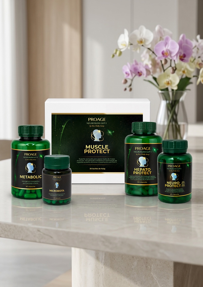 Linha PROAGE NeuroSlim GLP-1: Metabolic, Microbiota, Hepato Protect, Neuro Protect e Muscle Protect